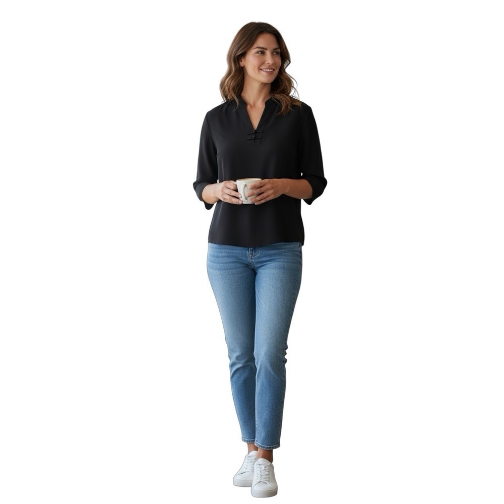 Exclusively Misook Women's L Black Knit Tunic 3/4 Sleeve Split‎ Neck Top